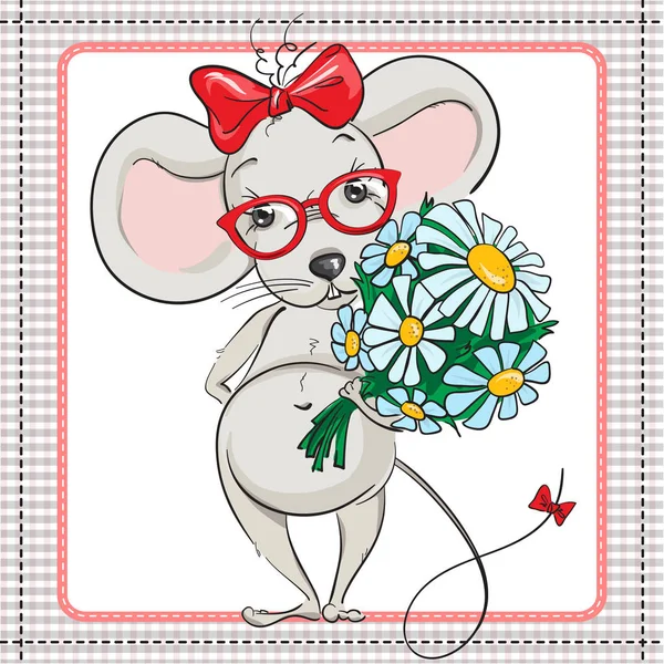 En liten mus med glasögon med en stor bukett av blommor — Stock vektor