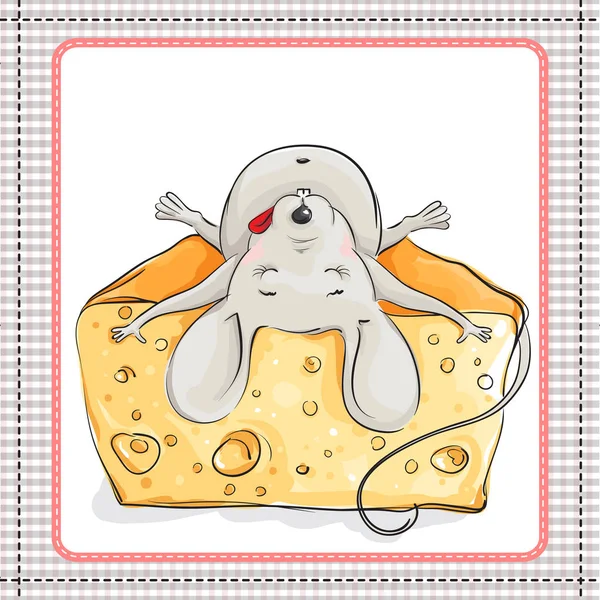 Счастливая мышь лежит на огромном куске сыра — стоковый вектор