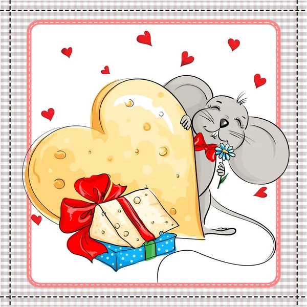 Маленькая мышка и большой подарок на сыр — стоковый вектор