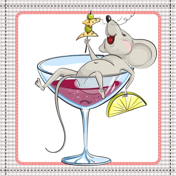 Den lilla musen i glaset med en cocktail — Stock vektor