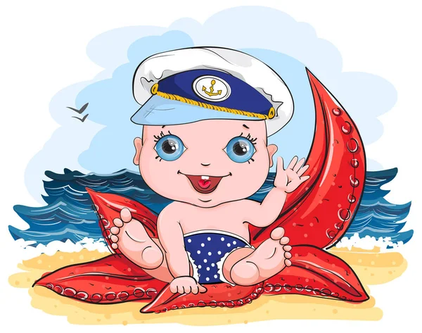 The sea on the beach baby rides the starfish — Stock Vector