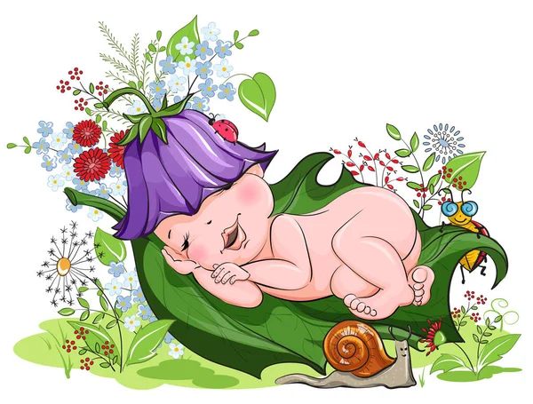 Маленька дитина спокійно спить на газоні з квітами — стоковий вектор