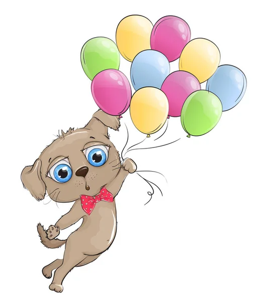 Filhote de cachorro engraçado voando em balões em um fundo branco — Vetor de Stock