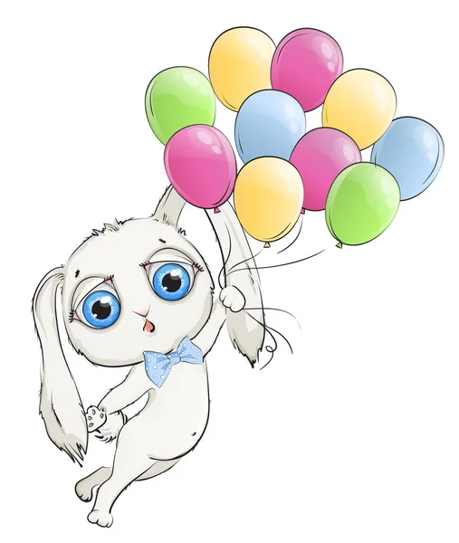 Coniglio bianco che vola su palloncini su sfondo bianco — Vettoriale Stock
