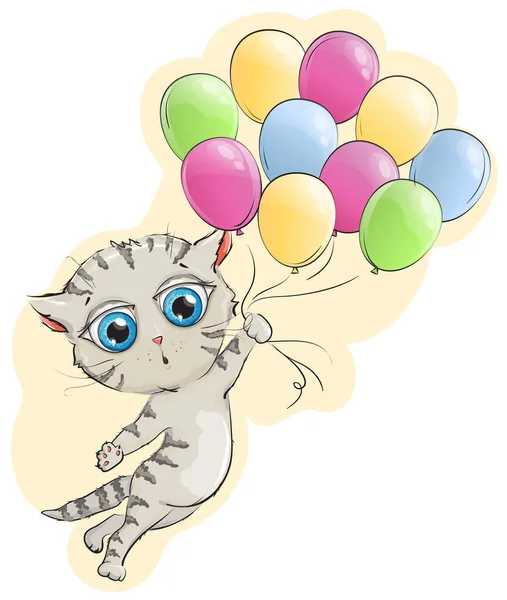 Kitten flying colored balloons — Stock Vector