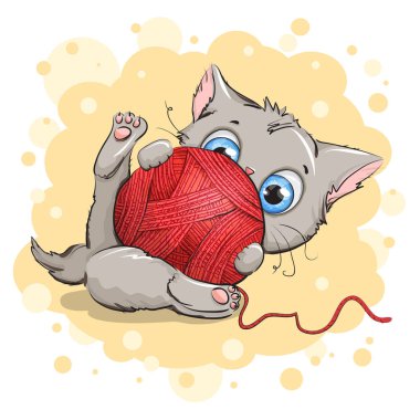 Büyük mavi gözlü yavru kedi yumağı bir sarı ile çalış 