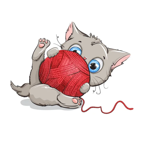 Сірий кошеня з великими блакитними очима грає з кулькою з пряжі — стоковий вектор