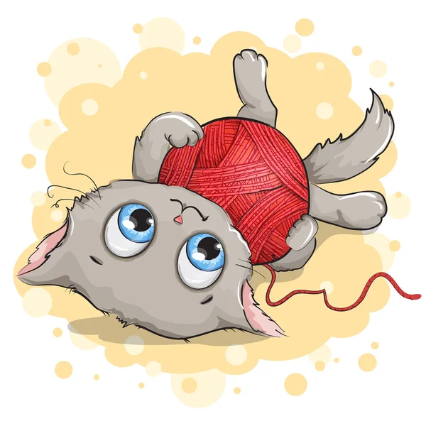 Gatito gris divertido jugando con una bola de hilo — Archivo Imágenes Vectoriales