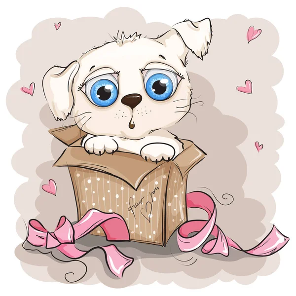 Beautiful and cute white puppy in a gift box — Stock Vector