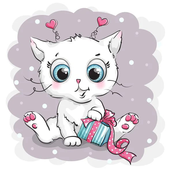 Όμορφο και χαριτωμένο γατάκι άσπρο με το κιβώτιο δώρων — Διανυσματικό Αρχείο