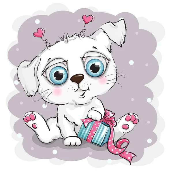 Beautiful and cute white puppy with gift box — Stock Vector