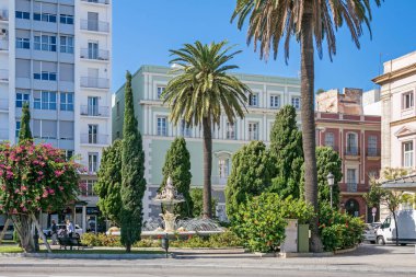 Cadiz, İspanya - 6 Kasım 2019: Meydan Plaza de las Tortugas, olağanüstü çeşmesi, Akdeniz santralleri ve Biblioteca Provincial de Cadiz kütüphanesi binası