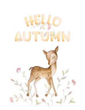 Merhaba Autumn. Orman hayvanları. Küçük geyik. Çiçekler, dallar, yapraklar. Kızıl Rowan. Beyaz arka plan. Yazdırma kalitesi.