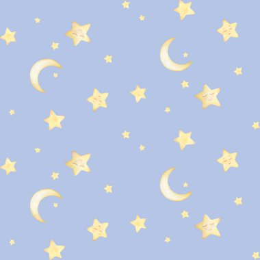 Seamless baby pattern. Kids prints. Night. Moon, stars fly. Watercolor. Blue background. Print quality.