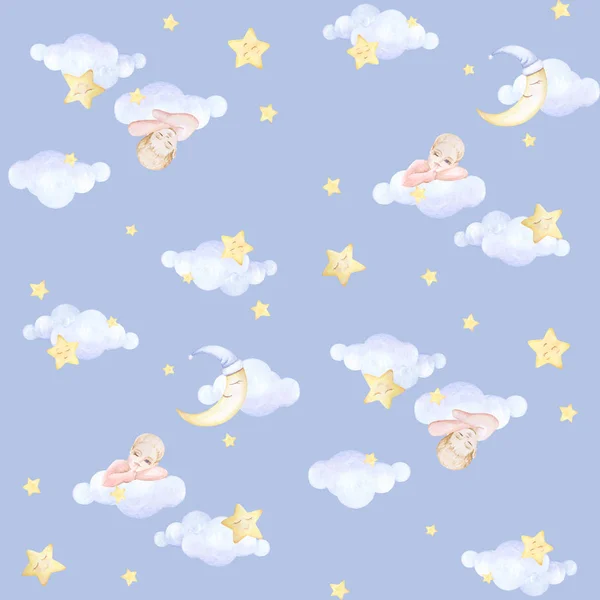 Seamless baby pattern. Kids prints. Baby sleeping on the cloud. Girl who winks. Night. Moon, stars sleep. Watercolor. Blue background. Print quality — Stok fotoğraf