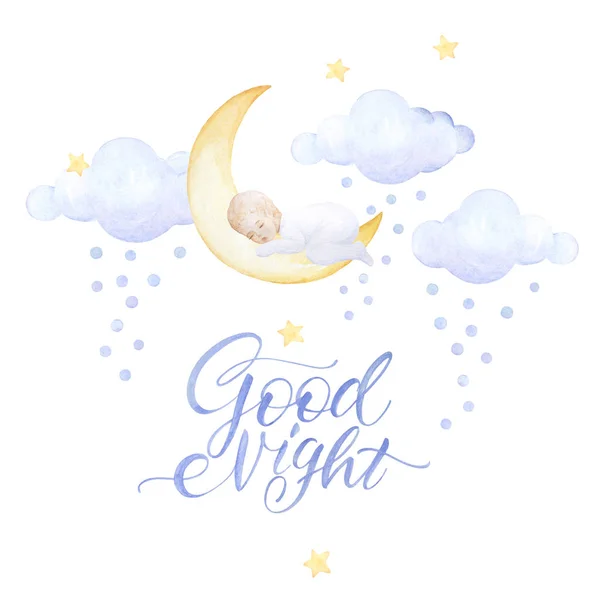 ลายนิ้วมือเด็ก เด็กนอนหลับนอนบนดวงจันทร์ เด็กแรกเกิด ฝันดีนะ ตัวอักษร เมฆบินได้ ดาว สีน้ํา องค์ประกอบที่ทํามาก่อน หลังสีขาว คุณภาพการพิมพ์ . ภาพสต็อก