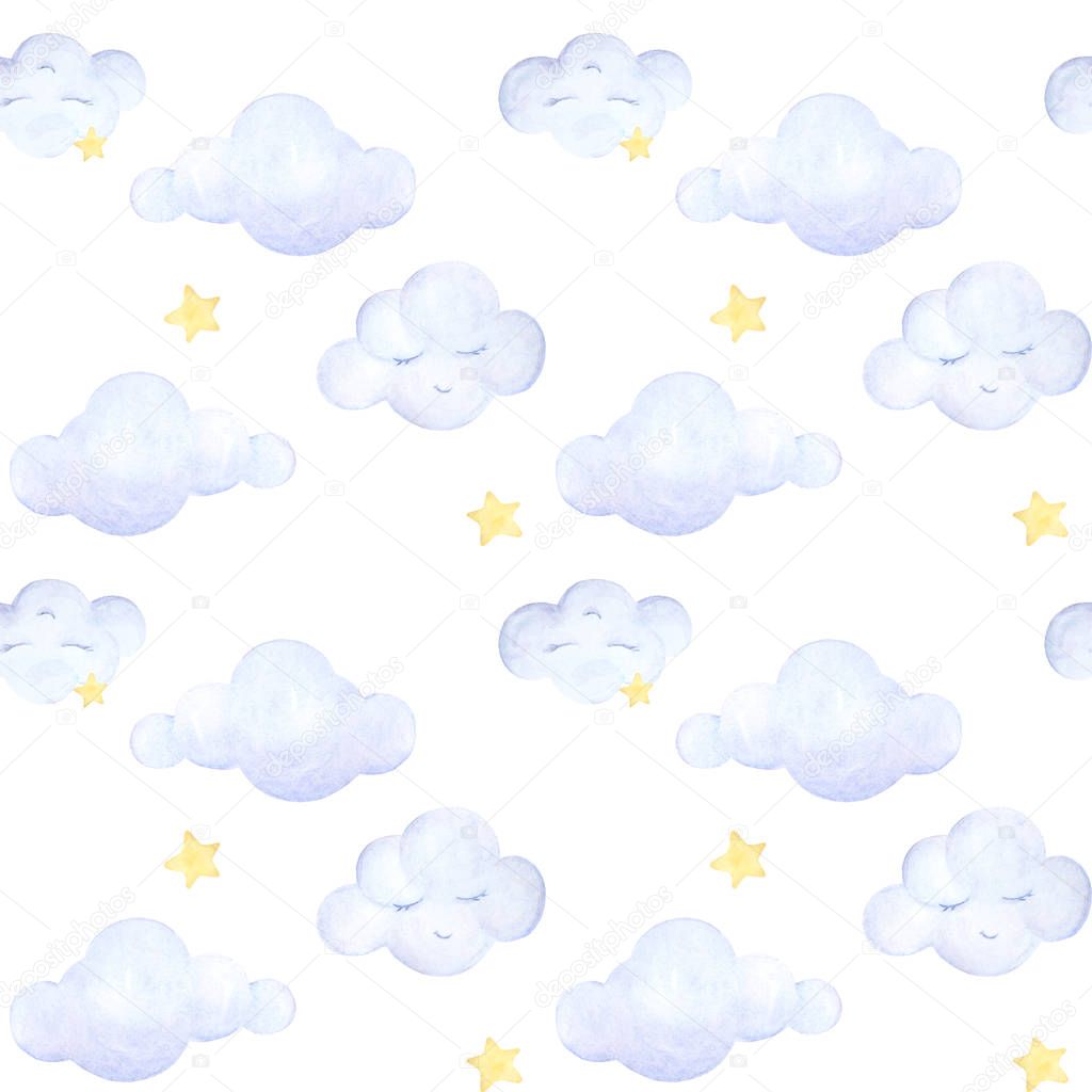 Seamless baby pattern. Kids prints. Watercolor. Light blue clouds fly, yellow stars. Clouds sleeping. White background. Print quality