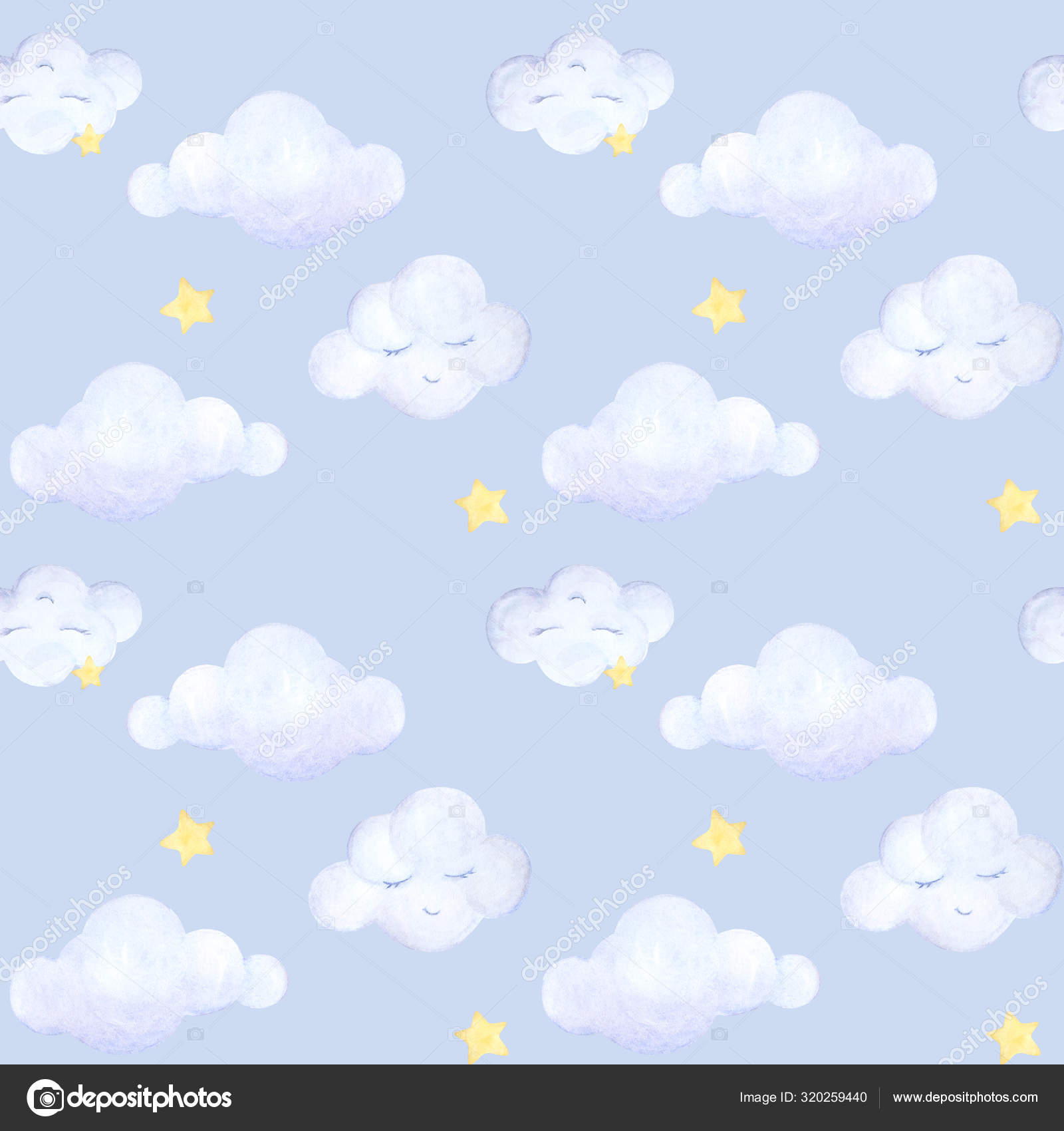 Seamless Baby Pattern Kids Prints Watercolor Light Blue Clouds Fly Yellow Stars Clouds Sleeping Blue Background Print Quality Stock Photo Image By C Amadeyart