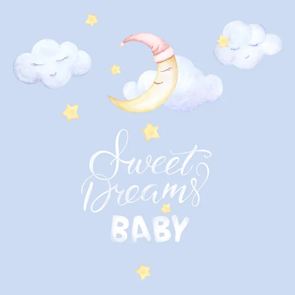 Kids prints. Sweet Dreams Baby. Lettering. Moon sleep, clouds fly, stars. Pre-made composition. Watercolor. Blue background. — 图库照片