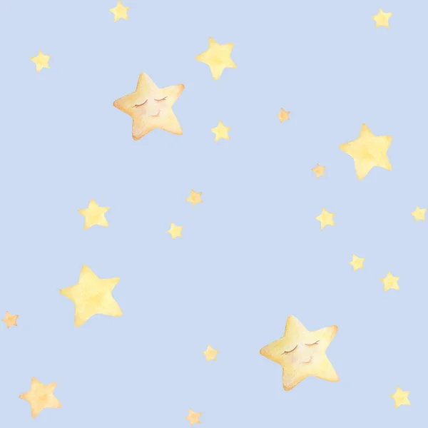 Seamless pattern. Kids prints. Yellow stars. Watercolor. Blue background. Print quality