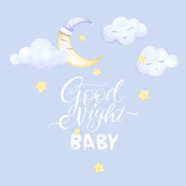 Kids prints. Good night Baby. Lettering. Moon sleep, clouds, stars. Pre-made composition. Watercolor. Blue background. Print quality — Stock Photo, Image