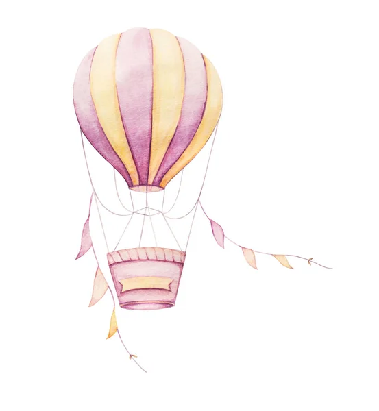 Colorful Air balloon flying with ribbons.Watercolor baby clipart. Kids prints. Newborn art gift. Nursery wall art.