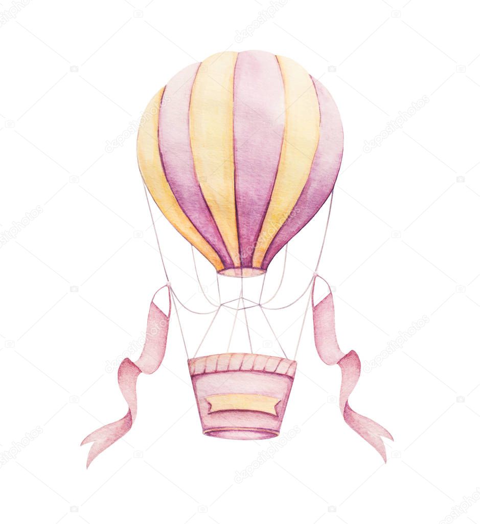 Colorful Air balloon flying with ribbons.Watercolor baby clipart. Kids prints. Newborn art gift. Nursery wall art.