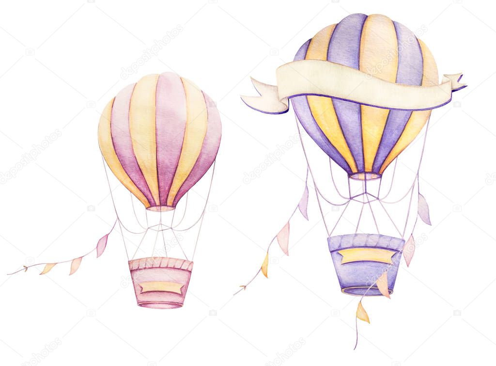 Colorful Air balloon flying with ribbons. Adventures. Light pink; yellow. Watercolor baby clipart. Kids prints. Newborn art gift. Nursery wall art.