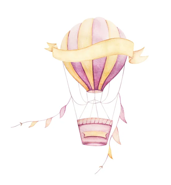Барвиста повітряна куля, що летить зі стрічками. Рожевий і жовтий. Акварель. Дитячі принти . — стокове фото