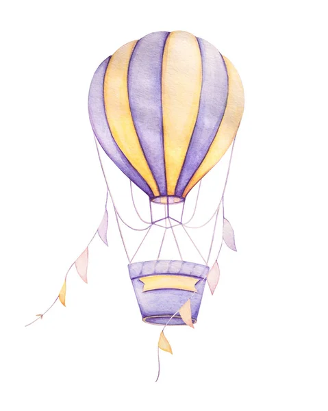Πολύχρωμο αερόστατο που πετά με κορδέλες. Βάιολετ και κίτρινο. Υδατογραφία. Παιδικές εκτυπώσεις. — Φωτογραφία Αρχείου