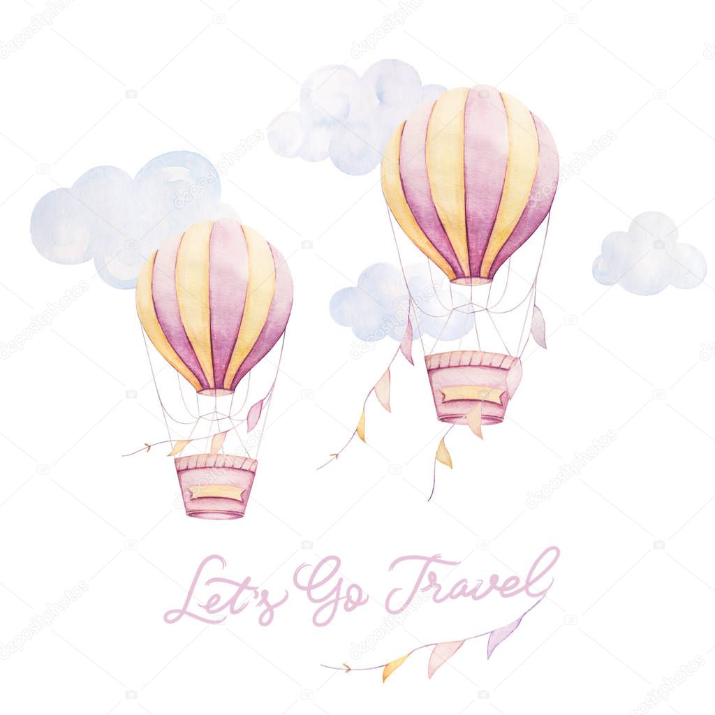 Lets go travel. Colorful Air balloons flying in sky, clouds, ribbons. Kids prints. Newborn art gift. Nursery wall art. Watercolor baby clip art.