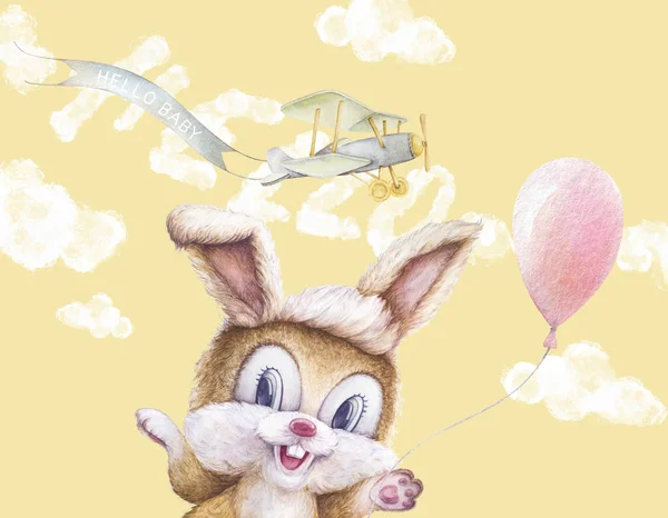 Happy rabbit with smile. Colorful balloons fly in sky, clouds. Airplane fly with ribbon. Hello Baby Hand lettering. Nursery wall art. Watercolor. Illustration for children. Baby shower gift.