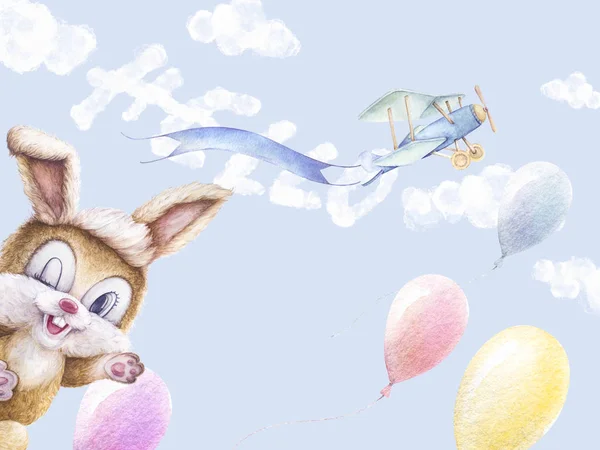 Baby shower Welcome sign. Newborn invitation. Nursery wall art. Happy rabbit with smile. Hello. Joyful rabbit is winking. Colorful balloons, clouds. Airplane fly with ribbon. Watercolor. Blue background.
