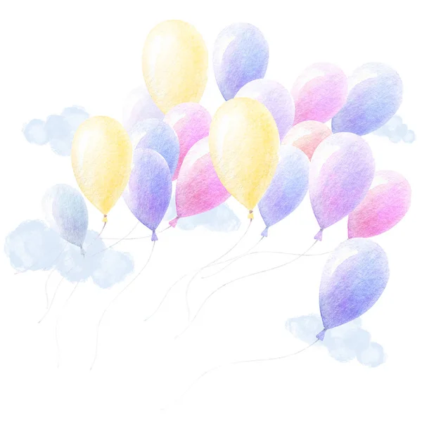 Kleurrijke ballonnen. Lucht. Blauwe wolken. Hallo Lettering. Groet Viering Baby shower. Kwekerij muurkunst. Speelkamer inrichting. Aquarel. Witte achtergrond. — Stockfoto