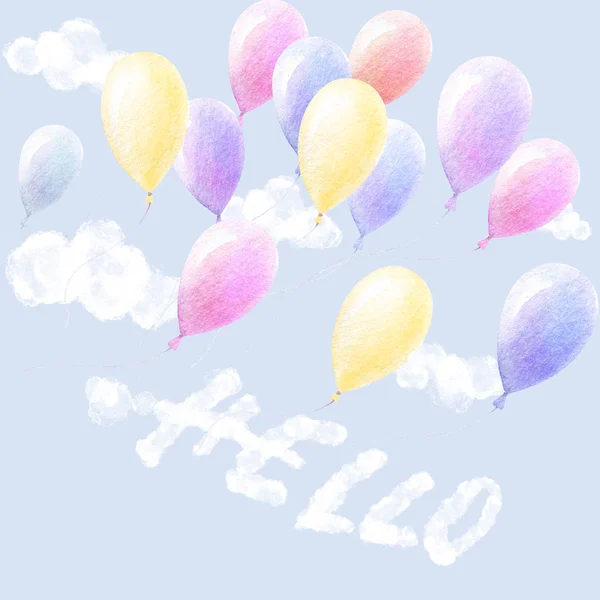 Kleurrijke ballonnen vliegen. Sky Clouds. Hallo Lettering. Groet Vier de pasgeborene. Babyfeestje. Kwekerij muurkunst. Speelkamer inrichting. Aquarel. Blauwe achtergrond. — Stockfoto