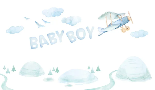 Klien bayi. Seni dinding anak-anak. Undangan yang baru lahir. Baby Boy. Pesawat terbang. Bukit, jalan, pohon. Awan biru muda. Petualangan. Set Watercolor. Latar belakang putih . Stok Gambar Bebas Royalti