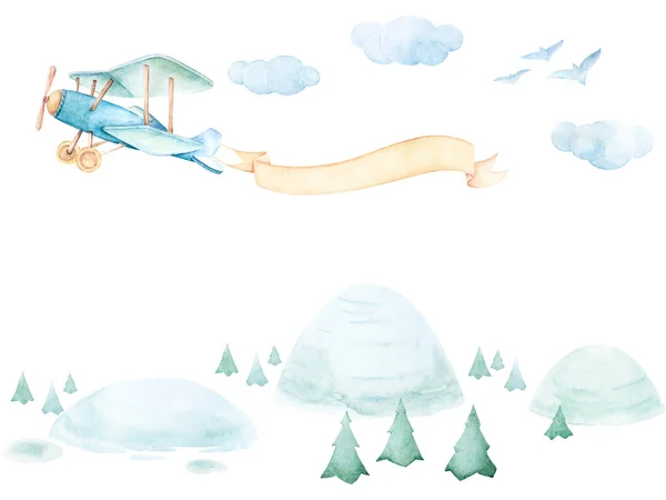 Clipart de bebé. Arte de la pared del vivero. Invitación para recién nacidos. Baby shower. El avión vuela con cinta. Nubes azules, pájaros, colinas, árboles. Experiencia de aventuras. Conjunto de acuarela . —  Fotos de Stock