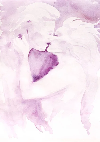 In Love. Couple in Love Kiss. Romantic. Secret Life. Big Love. Watercolor Big Letters. Pre-made Composition. Print quality. White background.