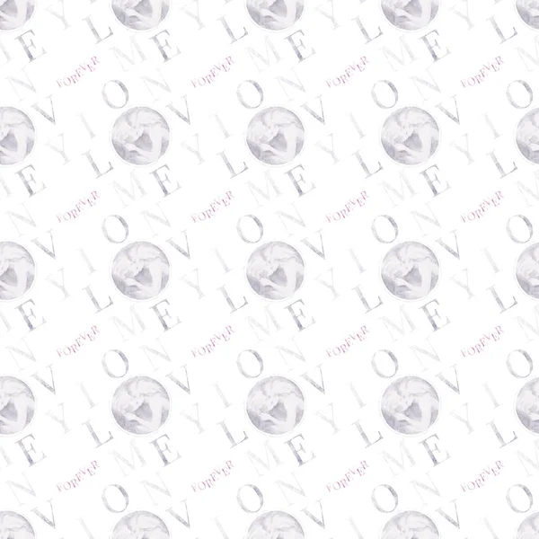 Seamless pattern. In my Love Forever. Man and Woman. Pink Gray White. Watercolor Letters. Vintage. Print quality. White background. Fashion background