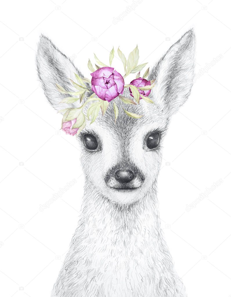 Little Deer. Pencil Draw. Watercolor flowers decor. Nursery Wall Art. Kids Art Gift. Forest animal. White background