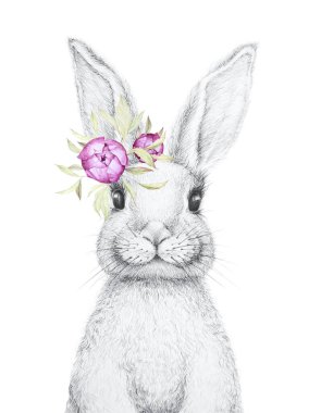 Şirin Tavşan. Paskalya Tavşanı. Kalem Çizimi. Suluboya çiçek dekoru. Çocuk odası duvar sanatı. Çocuk Sanat Hediyesi. Orman hayvanı. Beyaz arkaplan