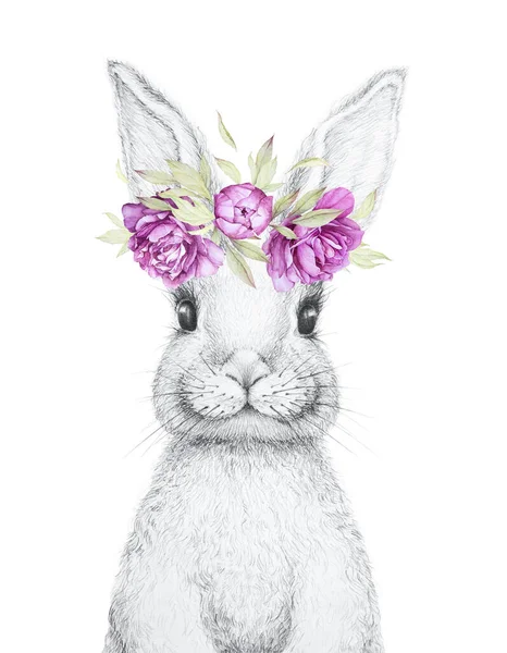 Cute Bunny Easter Bunny Pencil Draw Watercolor Flowers Decor Nursery Royalty Free Stock Photos