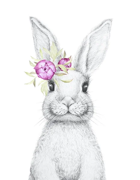 Lindo Conejito Conejo Pascua Dibujo Lápiz Decoración Flores Acuarela Vivero Imagen De Stock