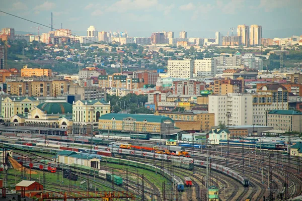 Krasnoyarsk Ρωσία 2014 Ενδεικτικό Editorial Αεροφωτογραφία Ενός Μεγάλου Σιδηροδρομικού Σταθμού — Φωτογραφία Αρχείου