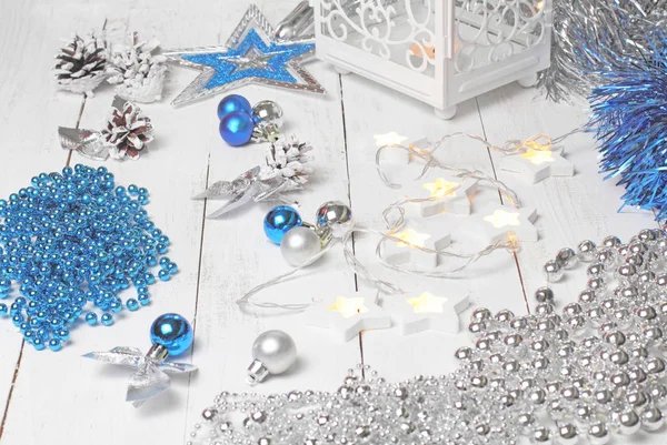 New Year Christmas Holiday Decorations White Background Silver Blue Color — Stock Photo, Image