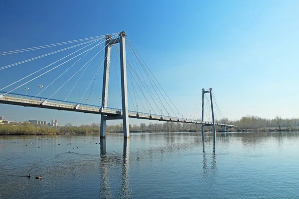 Mavi Gökyüzüne Karşı Kablo Destekli Köprü Sudaki Köprünün Yansıması — Stok fotoğraf