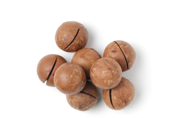 Macadamianötter med skal närbild på en vit bakgrund. — Stockfoto