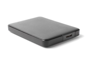 Beyaz arkaplanda büyük kapasiteli dış Ssd veya Hdd sürücüsü.