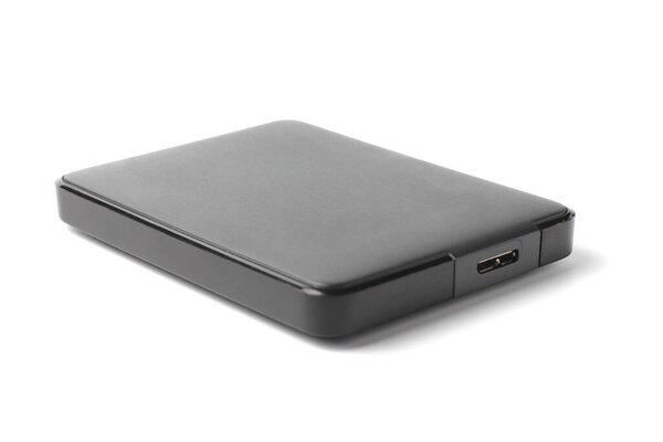 External SSD or HDD drive of large capacity on a white background close-up.