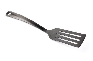 Ev mutfağı için siyah plastik spatula, beyaz arka plan, izole.
